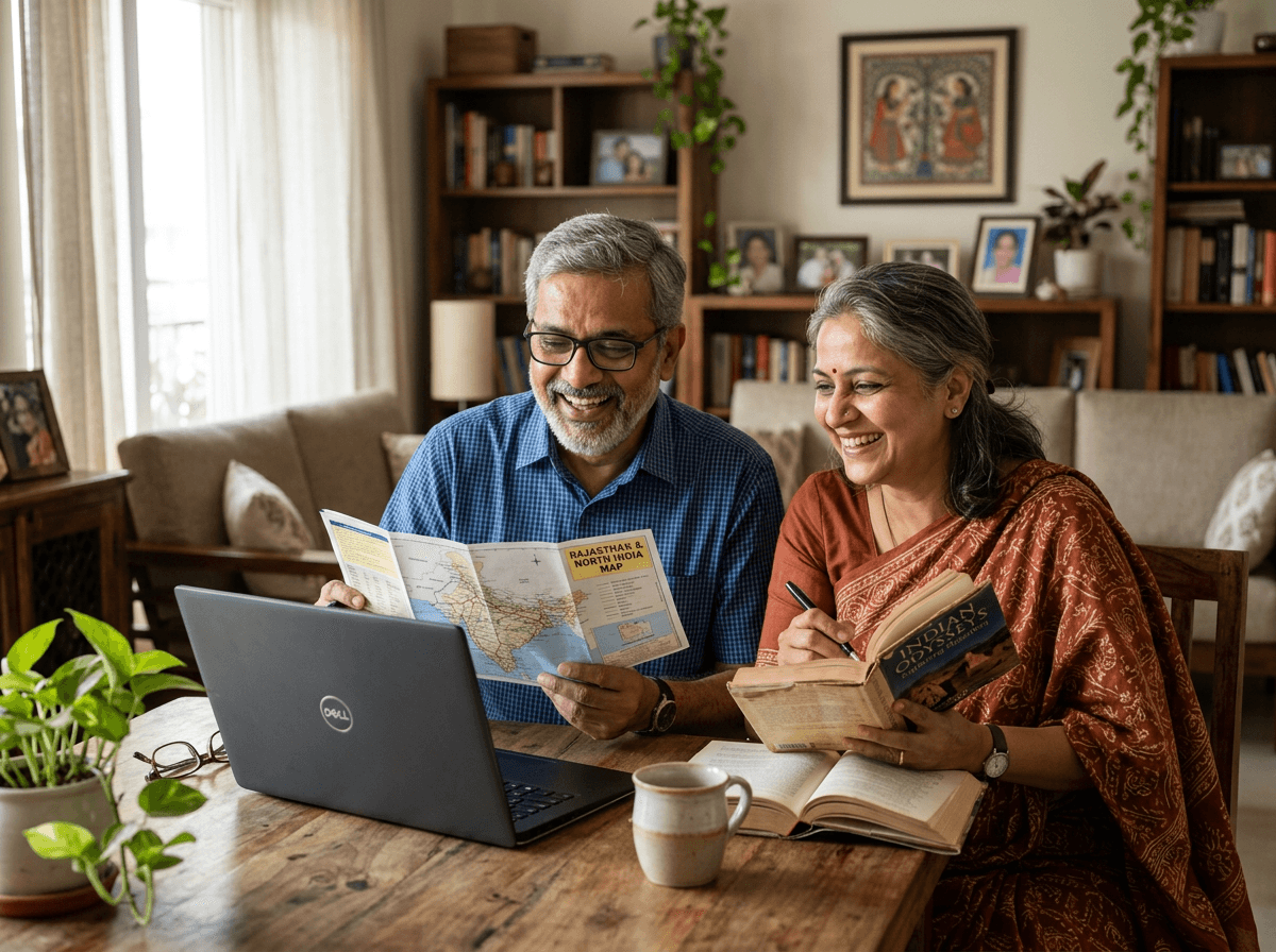 A senior couple sharing their holiday wishes over a map and guidebook